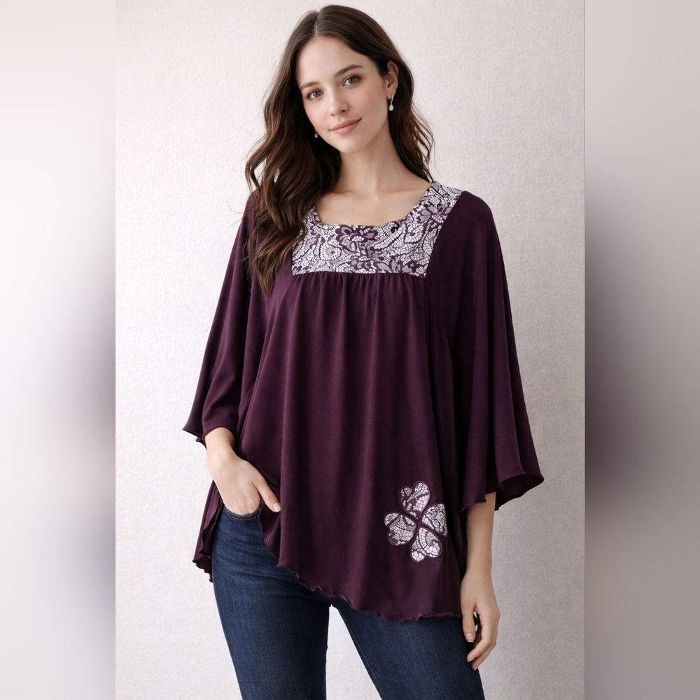 Burgundy Boho Blouse | Lace Detail Flowy Top | Size M